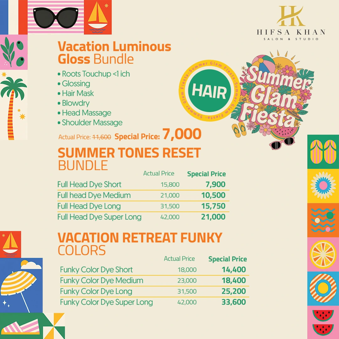 Summer hair color and treatment packages at Hifsa Khan Salon Lahore including glossing, hair masks, blow dry, and funky hair color deals.